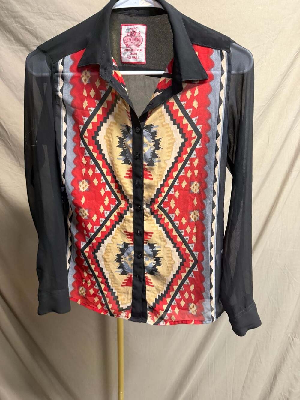 Lee Cooper Denims Workwear London Button-Up Blouse with Southwestern Print Panel